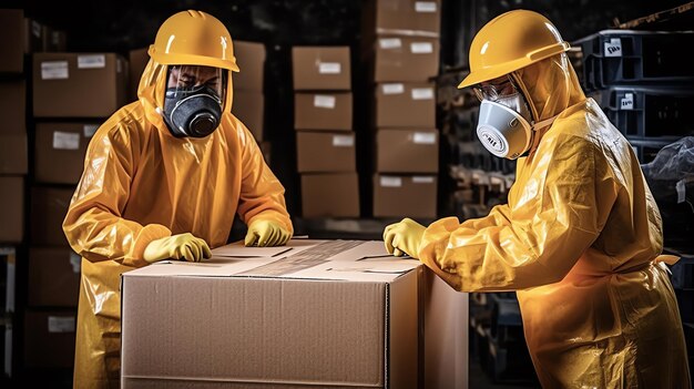 Two men wearing protective suits and yellow protective clothing stand in a warehouse