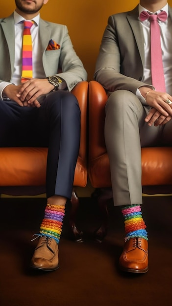 虹色の靴下を履いた二人の男性が隣り合って座っています。