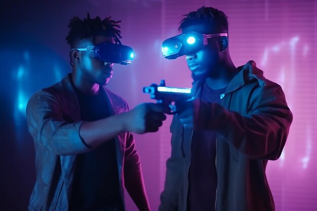 Two men wearing vr goggles and holding guns in a dark room