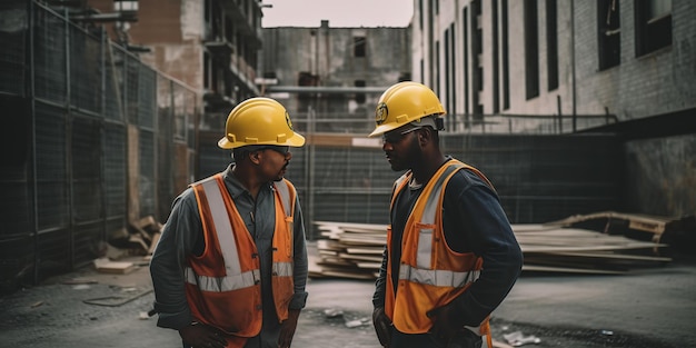 Two men wearing yellow hard hats talk in front of a building.