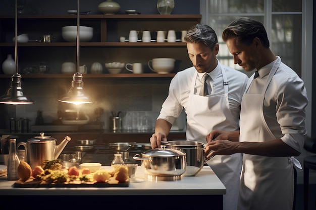 Two Men in White Aprons Cooking with Utensils in the Kitchen