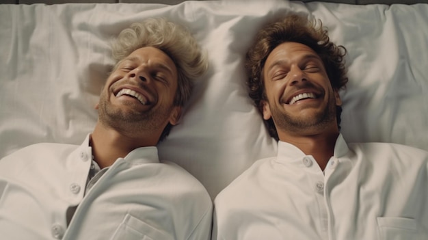 Two men in white bathrobes are shown in a top perspective smiling and joyful while resting in bed