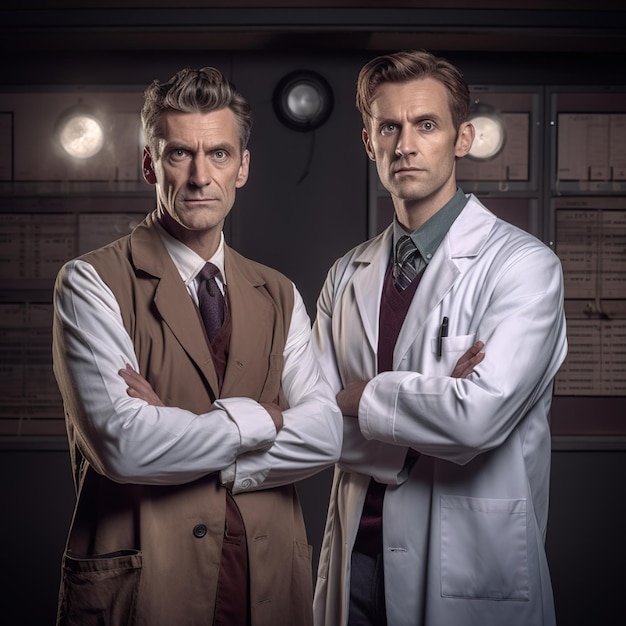 Two men in white coats stand in front of a wall with a clock on it