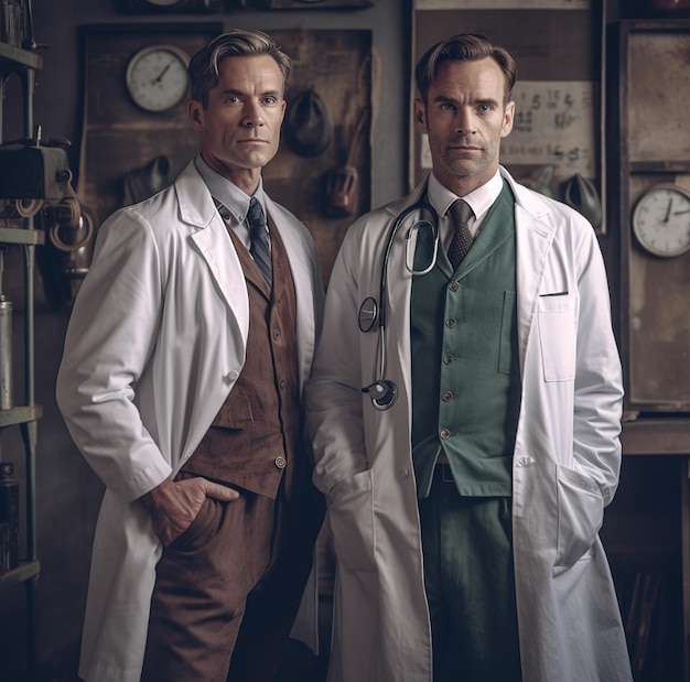 Two men in white coats stand in a room with clocks on the wall behind them