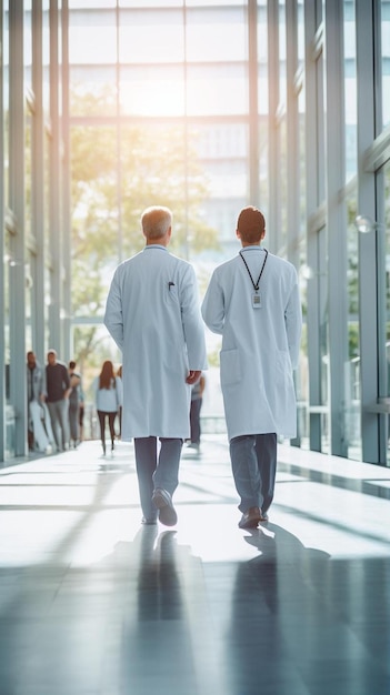 two men in white coats walk down a hallway with a man wearing a white coat and a blue arrow pointing to the right