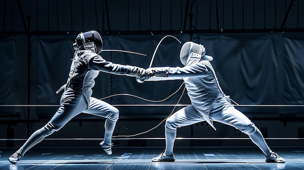 Photo two men in white fencing uniforms are engaged in a fencing match they are both wearing masks and holding swords