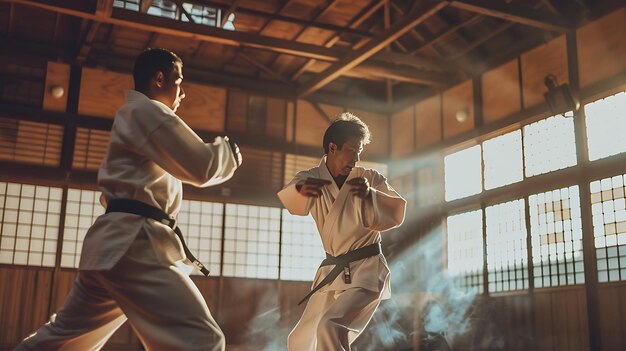 Two men in white kimonos are engaged in a karate fight The man on the left is blocking the man on the rights punch