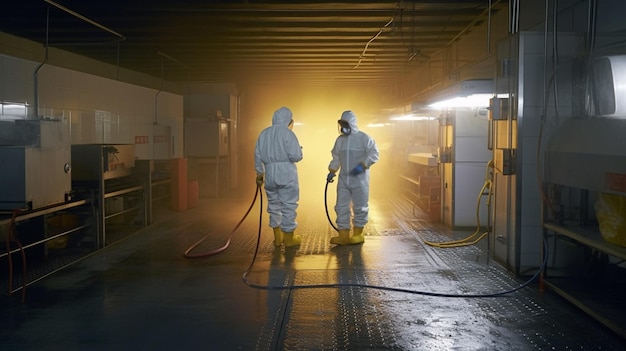 Two men in white suits are standing in a warehouse with a yellow light behind them.