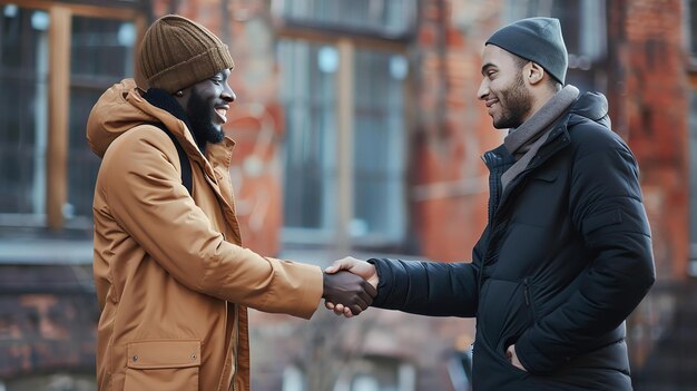 Due uomini con i cappotti d'inverno che si stringono le mani all'aperto