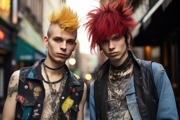 Photo two men with bold punk hairstyles standing side by side showcasing their unique personal style a punk rock concert with eccentric clothing styles ai generated