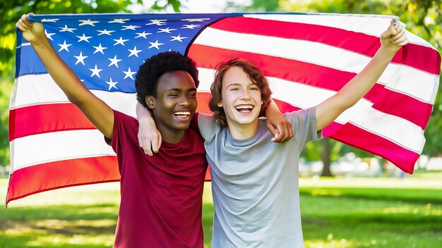 Photo two men with a flag that says quot american quot on it