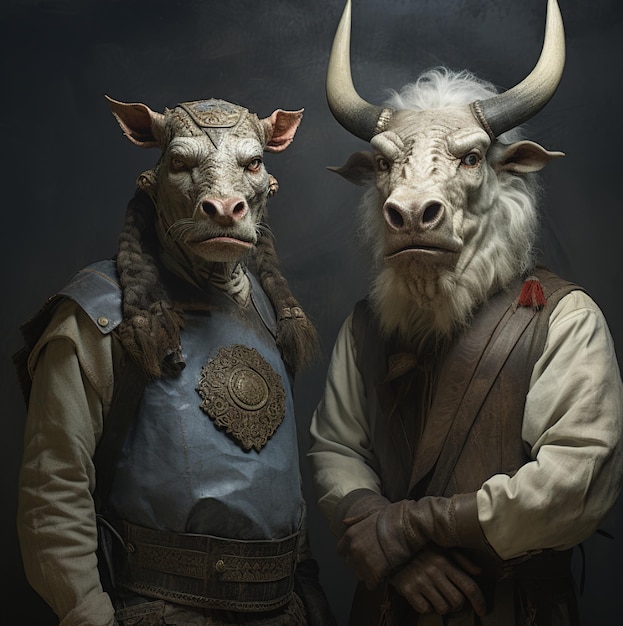 two men with horns and a bull with horns.