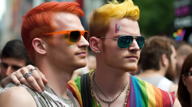 Two men with rainbow hair and rainbow glasses stand in a parade.