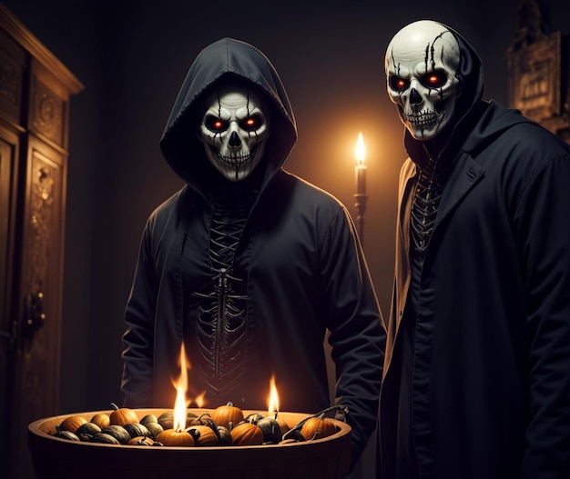 Two men with red eyes and a black hoodie are standing in front of a candle holder.