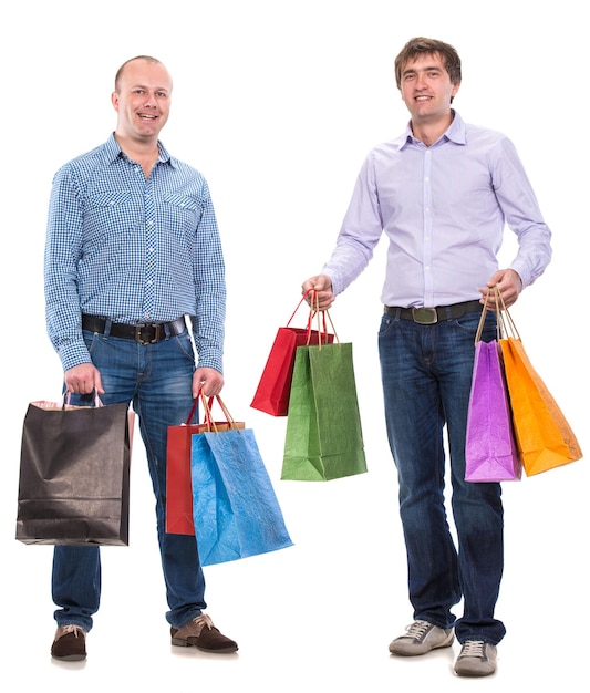 Two men with shopping bags on a white background