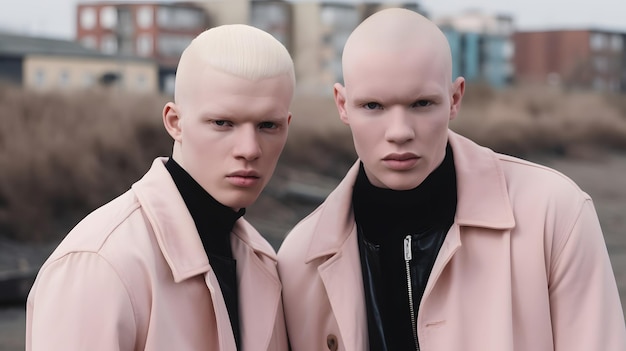 Two men with white skin and black skin, one of which is wearing a pink coat.