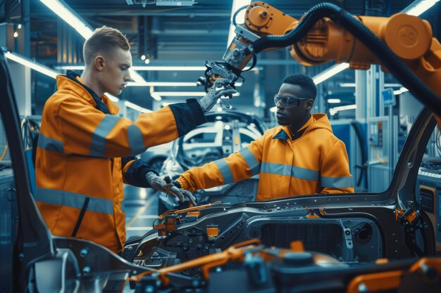 Photo two men working on a car in a factory