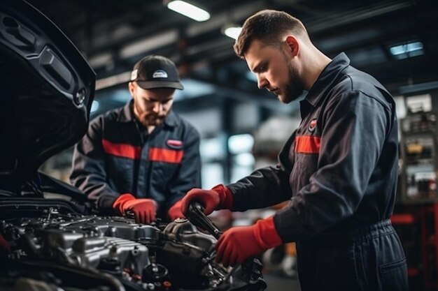 Photo two men working on a car with the hood up