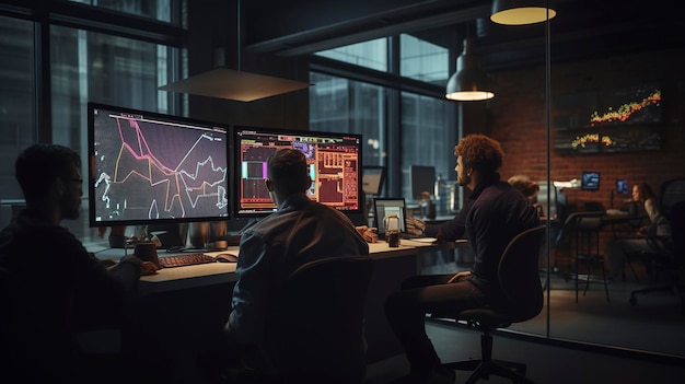 Photo two men working at a computer with a map on the top of the screen