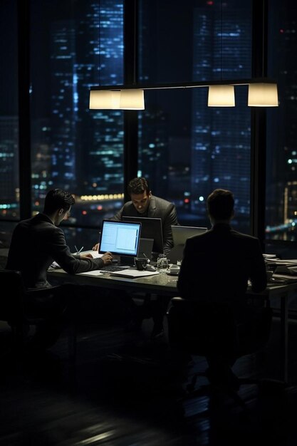 Photo two men working on computers in a dark room with a city in the background