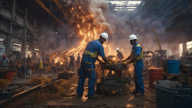 two men working in a factory with sparks flying