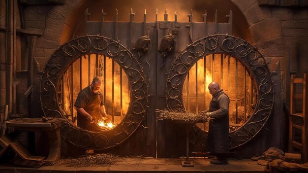 Two men working in a metal gate with the words'iron'on it