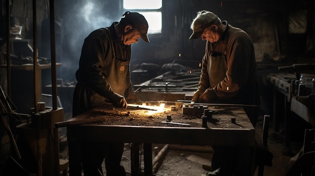 Two men working on a piece of metal