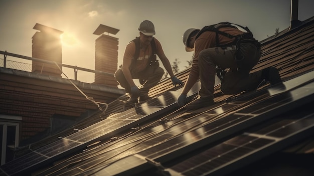 Two men working on a roof with a sky background