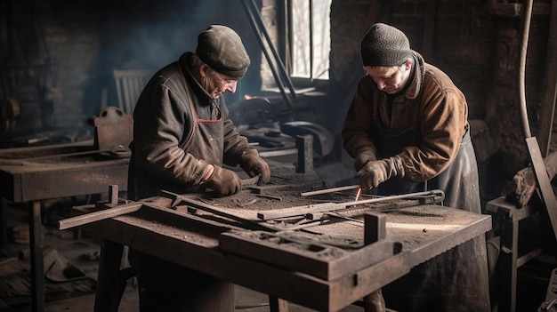 Двое мужчин работают в мастерской, один из которых — кусок дерева.