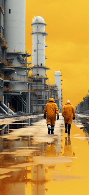 Two men in yellow suits walk down a wet street