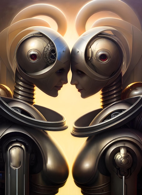 Two metallic humanoid androids facing each other