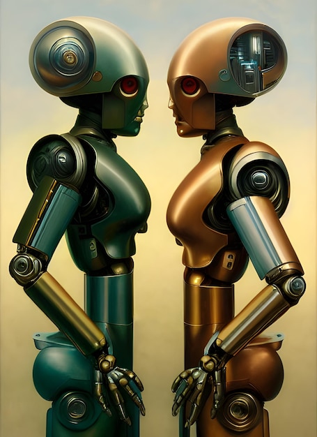 Two metallic humanoid robots androids or cyborgs facing each other