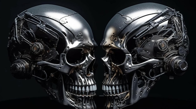 Two metallic shiny iron futuristic hitech skulls of cyborg robots AI generated