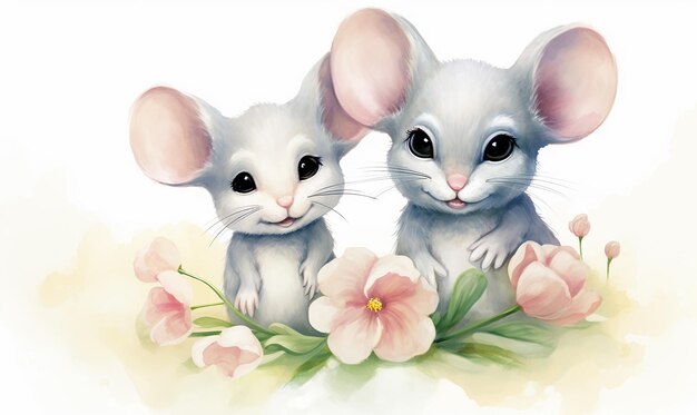 Photo two mice are sitting in the grass and one has a flower in the middle