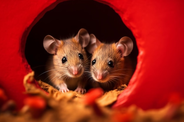 Photo two mice in a house with red background