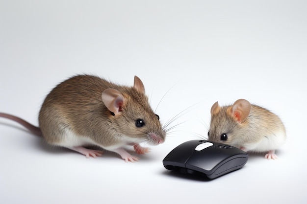 Two mice looking at a mouse that is on a white background