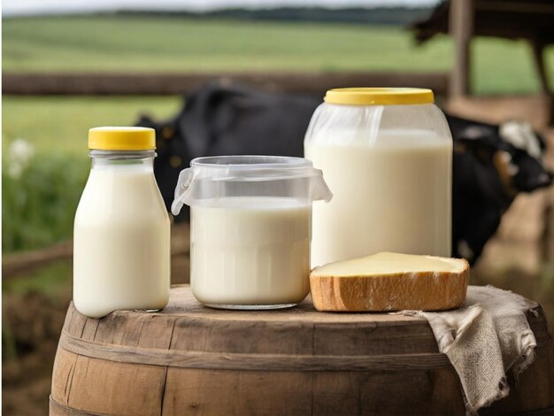 two milk plastic pot packaging with milk splash one slightly bigger the the other beside a piece o