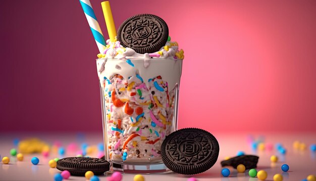 Photo two milkshake cookies are in a cup with a straw