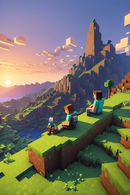 Photo two minecraft players sitting on a hill watch the sunset