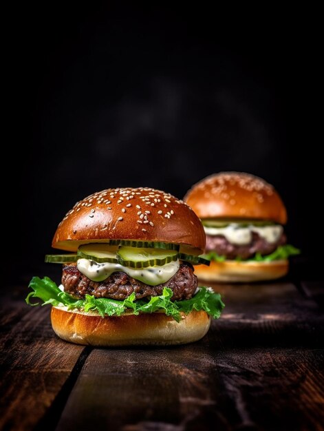 Two mini burgers in the restaurant Sesame bun meat Patty tomato lettuce and pickle T Generative AI