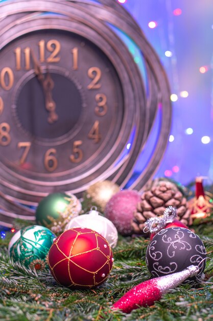 Two minutes till midnight .Large clock counting last moments before Christmass or New Year
