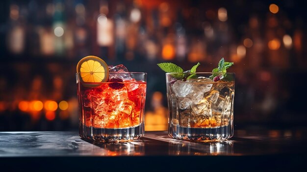 Two misted glasses with cocktails of strong alcohol in the bar