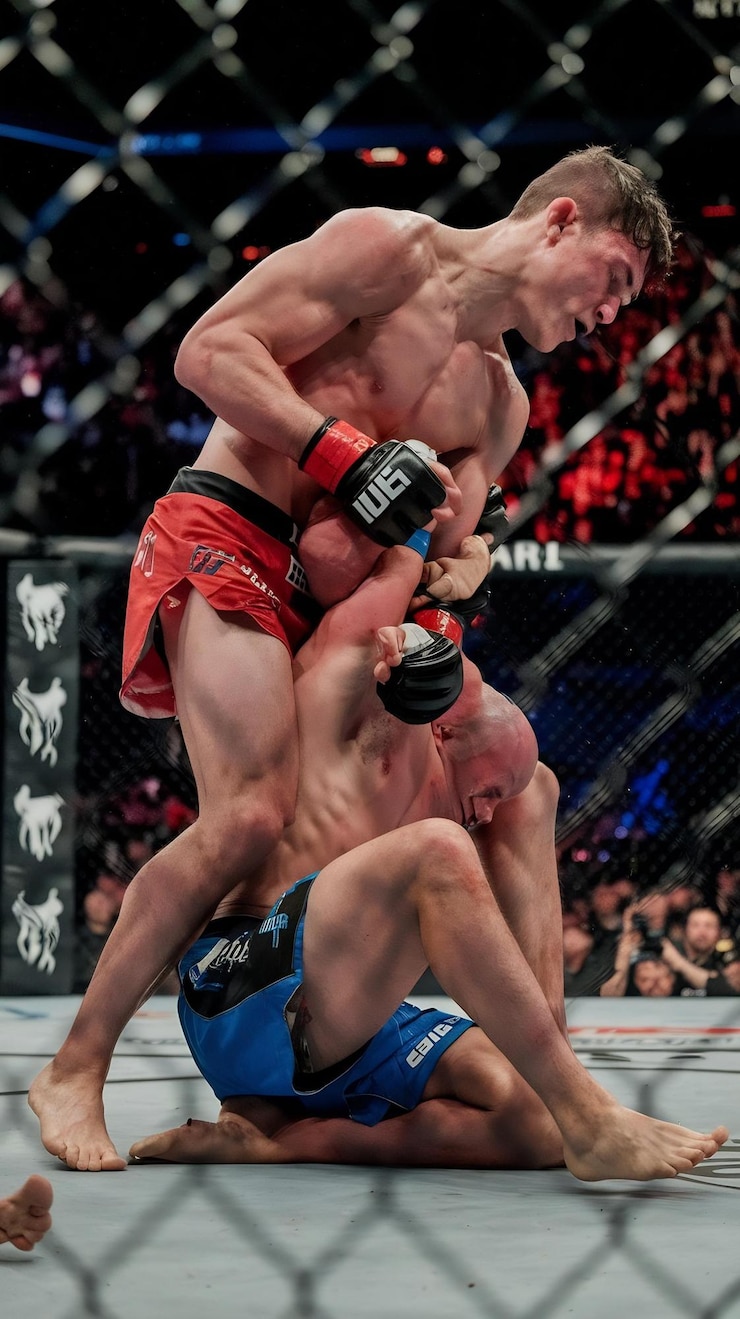 Photo two mixed martial artists begin a high stakes octagon fight using striking grappling and brazili