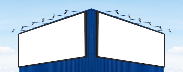 スポットライト付きの青い建物の白い背景の広告板の2つのモックアップ