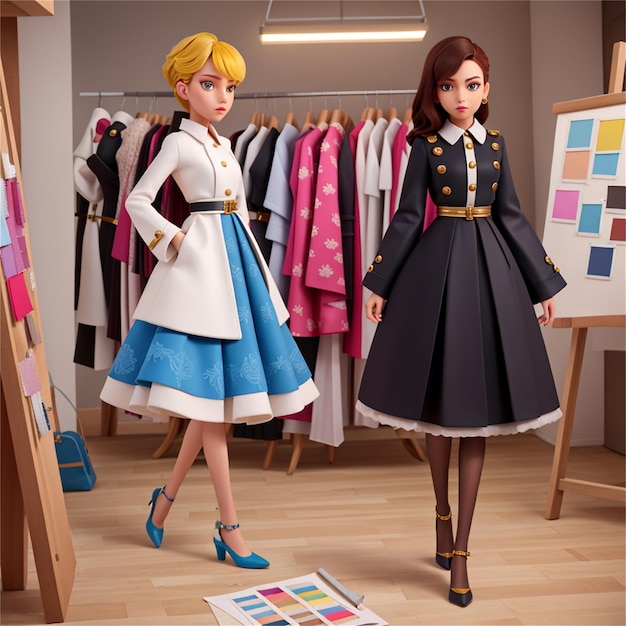 two models are standing in front of a display of clothes.