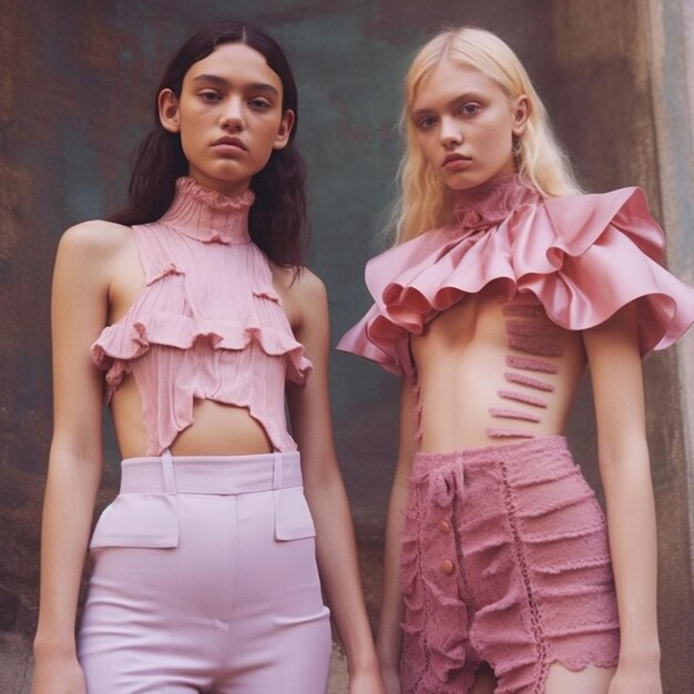 two models are wearing pink dresses and one has a pink ruffled top