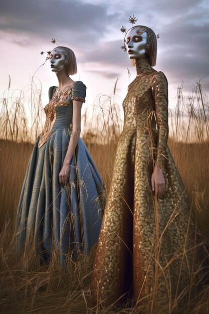 Photo two models in a field with the words  the  wild  on the bottom