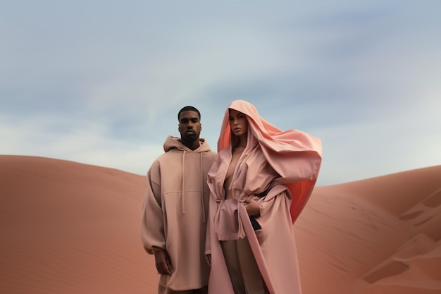 Two models wearing beautiful outfit in the middle of desert