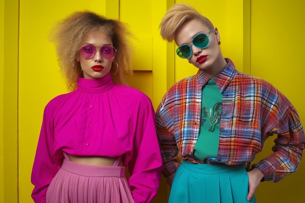 Two models wearing colorful outfits, one wearing a purple and red lipstick.