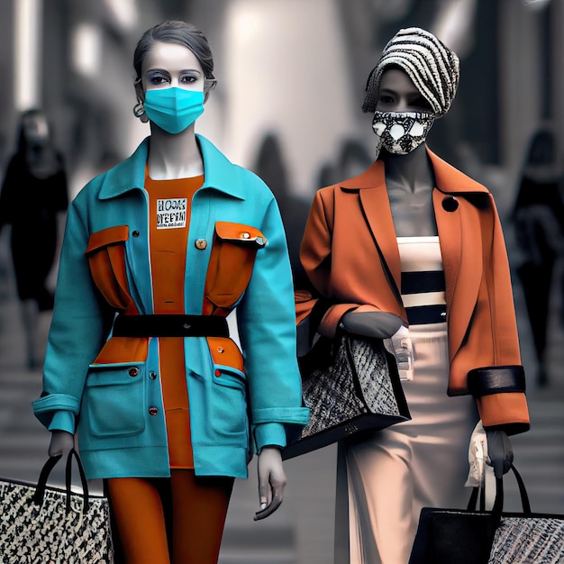 Two models wearing face masks walking down the street